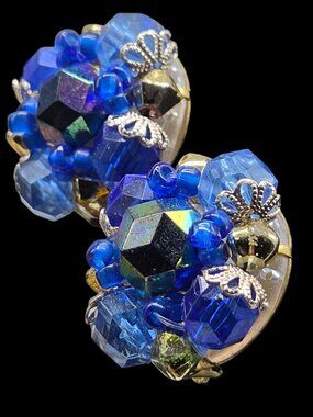 Vintage Western Germany Blue Glass Bead Cluster Clip On Earrings AB Accents